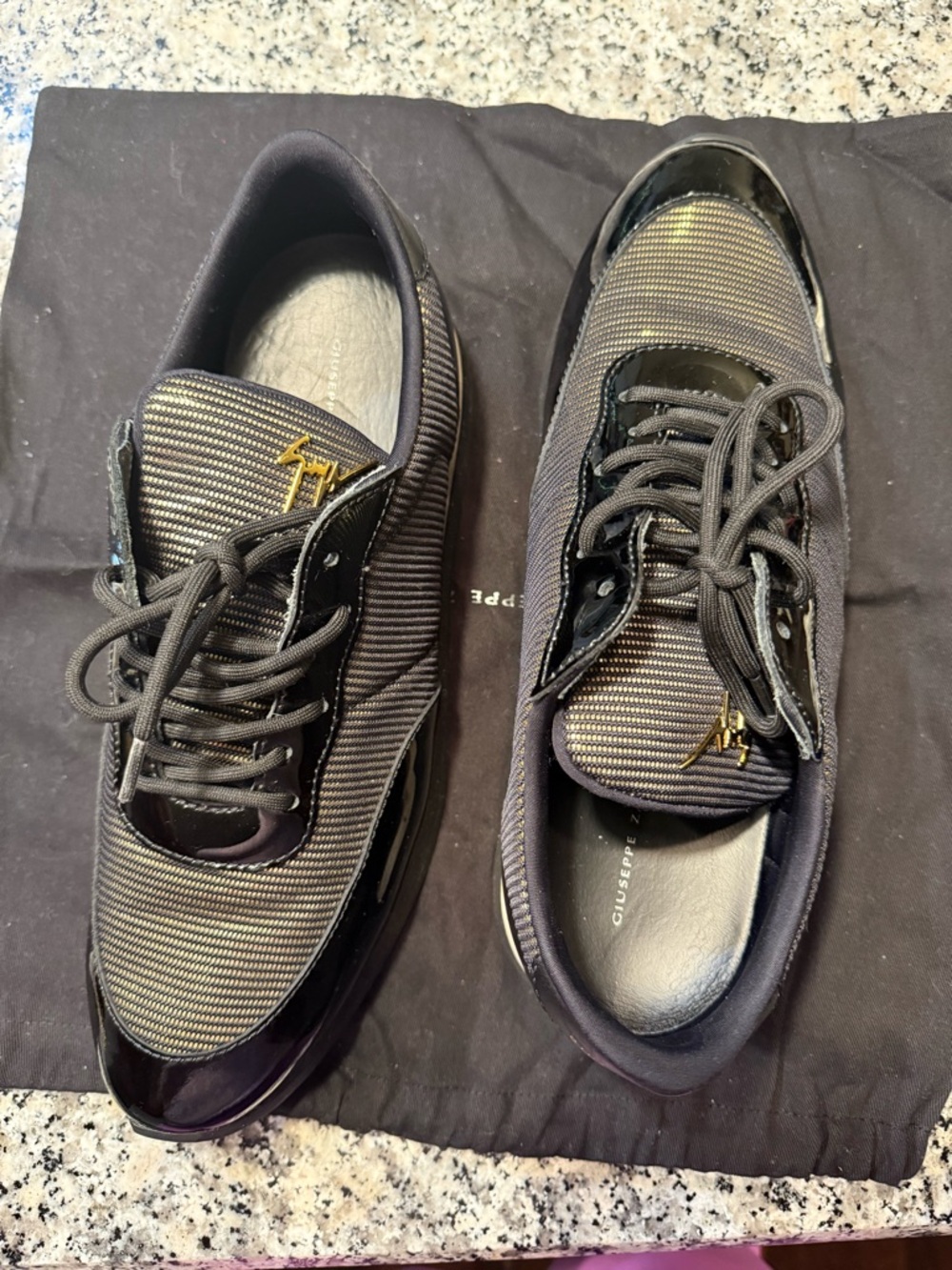 Giuseppe Zanotti Black Textured Lace-Up Sneakers with Gold Logo